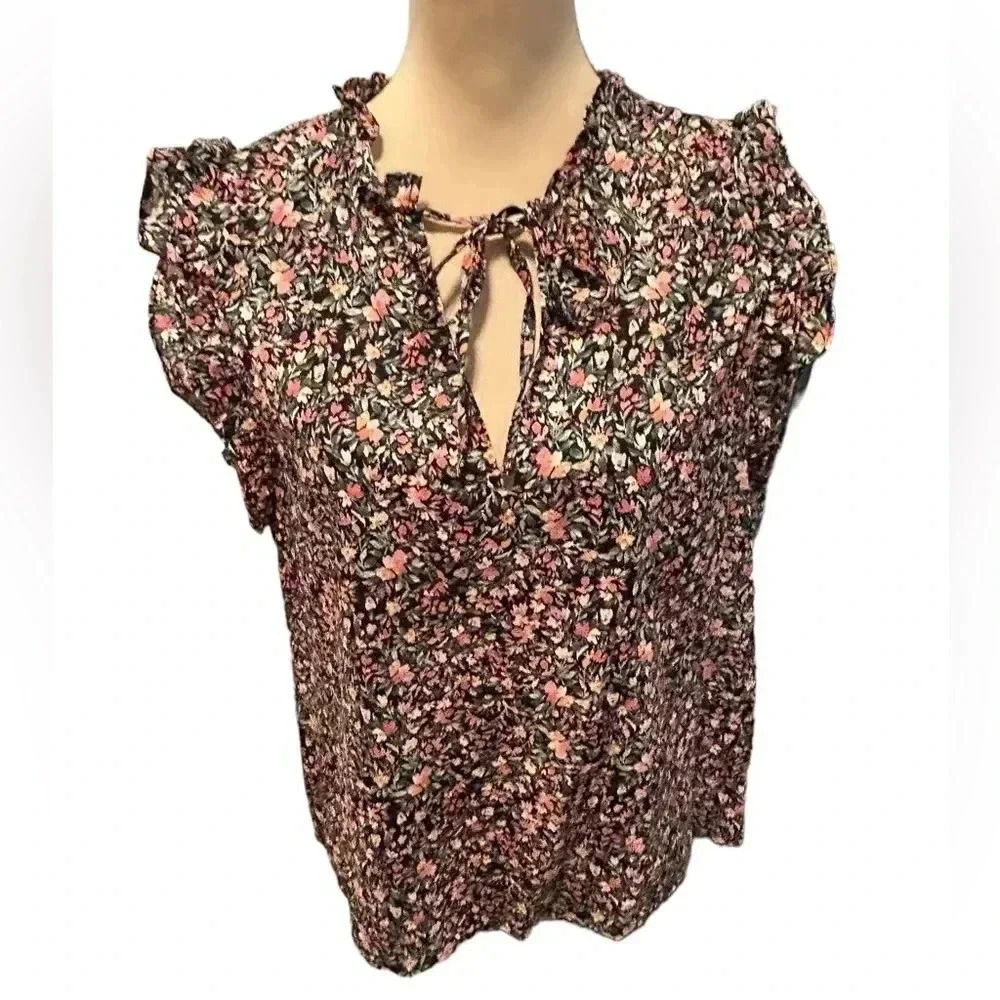 BB Dakota By Steve Madden Women's XL Black Ditsy Floral Flutter Sleeve Blouse